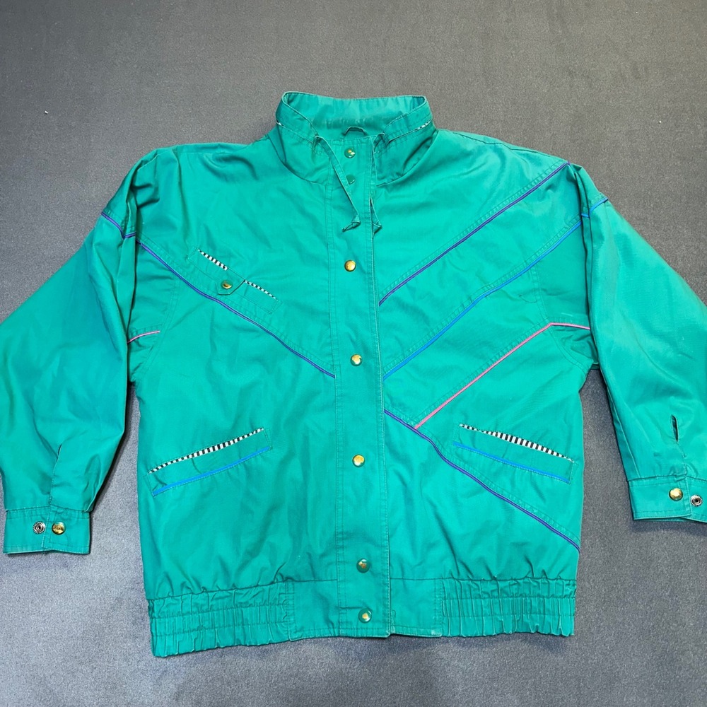 G4000 Windbreaker Jacket Womens Small Teal Vintage 90s Geometric Retro Bomber